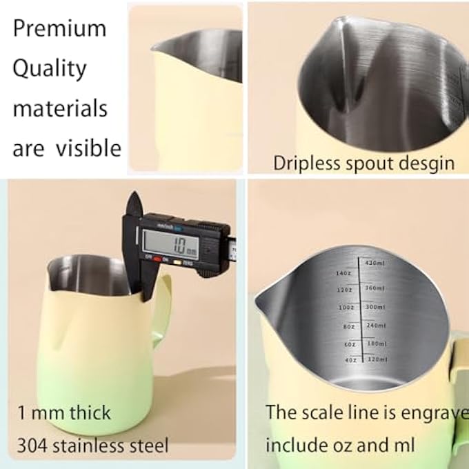 SIPLIV 14 Oz450 Ml Stainless Steel Espresso Steaming Pitchers Milk Frothing Pitcher With Latte Art Pen Cocoa Powder Shaker Coffee Stencils Coffee Art Tool Kit Gradient Pink - Image 5