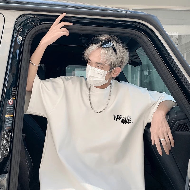Heavy cotton American high street white oversize short-sleeved T-shirt men's summer fashion brand loose student T-shirt top - Image 1