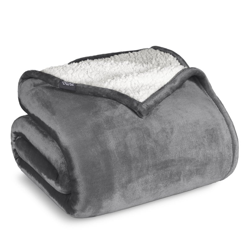 Bare Home Sherpa Fleece Blanket  Extra Long  Throw for Bed Sofa Couch Camping Travel and Gifts  Warm  Lightweight  Fluffy  Soft Plush Blanket  Reversible TwinTwin XL Grey