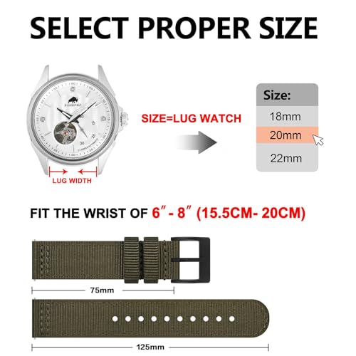 BISONSTRAP Men’s Nylon Watch Bands, Two-Piece Military Watch Straps, Quick Release, Brushed Buckle, 18mm, Army Green (Black Buckle) - Image 5