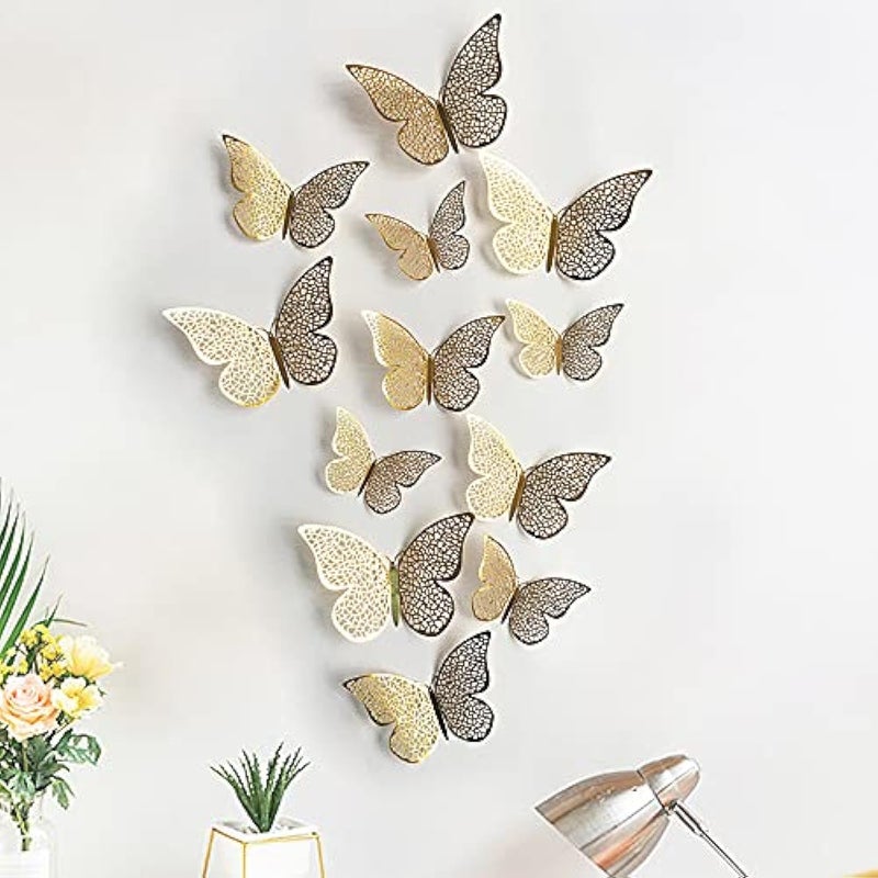 PINDIA 3D Polyvinyl Chloride Metal Butterfly Wall Stickers (Gold) - 12 Pieces, Self-Adhesive, 7 cms - Image 3