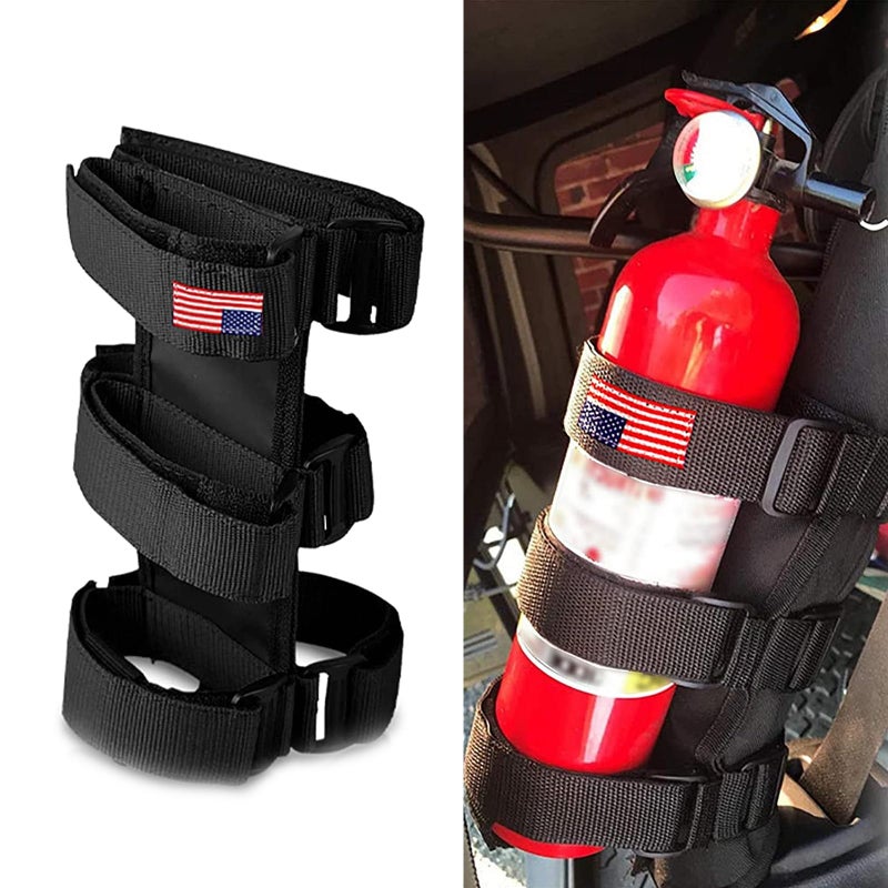 gunhunt 1 PC Fire Extinguisher Mount American Flag Roll Bar Fire Extinguisher Holder Strap Adjustable Fire Extinguisher Fixed Belt for Jeep Wrangler 19652022 JK JKU TJ CJ Gladiator Black - Image 2