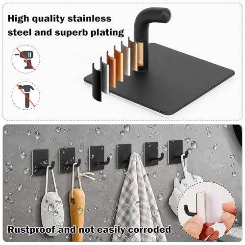 Livabber Adhesive Towel Hooks, 304 Stainless Steel Self Sticky Wall Hooks Waterproof Shower Hooks for Robe/Clothes, No Drilling Towel Hangers for Bathroom Kitchen Bedroom (Black, 6 Packs) - Image 3