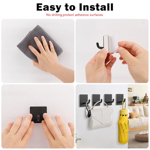 Livabber Adhesive Towel Hooks, 304 Stainless Steel Self Sticky Wall Hooks Waterproof Shower Hooks for Robe/Clothes, No Drilling Towel Hangers for Bathroom Kitchen Bedroom (Black, 6 Packs) - Image 5