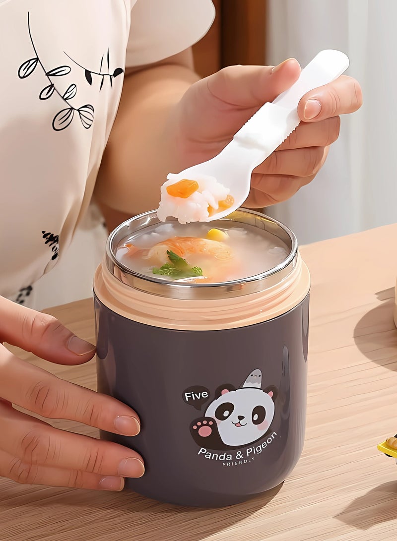 Twisoo Panda & Pigeon Vacuum Insulated Food Jar- Leak-Proof Portable Food Bowl, Stainless Steel with Foldable Spoon, Kids Food Jar for School Office Picnic Travel (450ml) (Gray) - Image 2