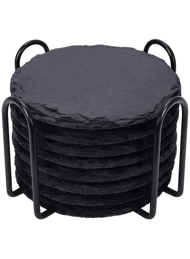 STORE 2508 Store2508 Drink Coasters with Holder, 8 Pieces Round Slate Stone Coasters 4 Inch Handmade Coasters for Bar and Home, Black - Image 1