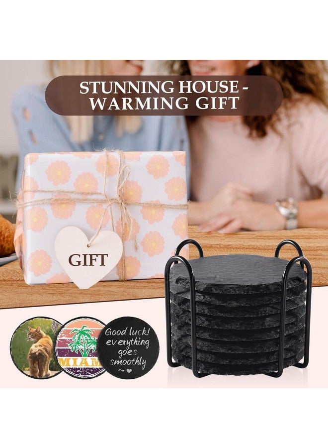 STORE 2508 Store2508 Drink Coasters with Holder, 8 Pieces Round Slate Stone Coasters 4 Inch Handmade Coasters for Bar and Home, Black - Image 4