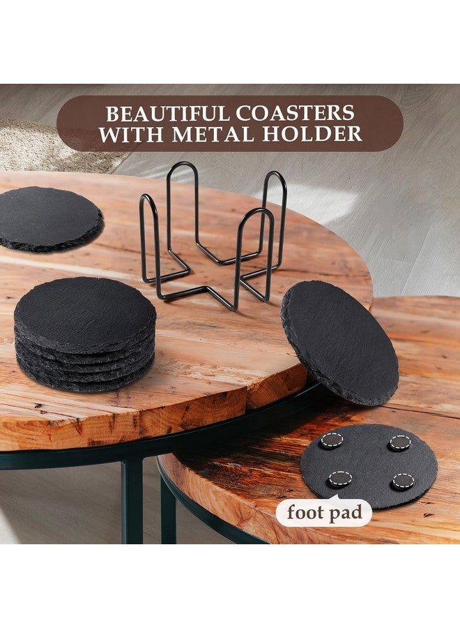 STORE 2508 Store2508 Drink Coasters with Holder, 8 Pieces Round Slate Stone Coasters 4 Inch Handmade Coasters for Bar and Home, Black - Image 2