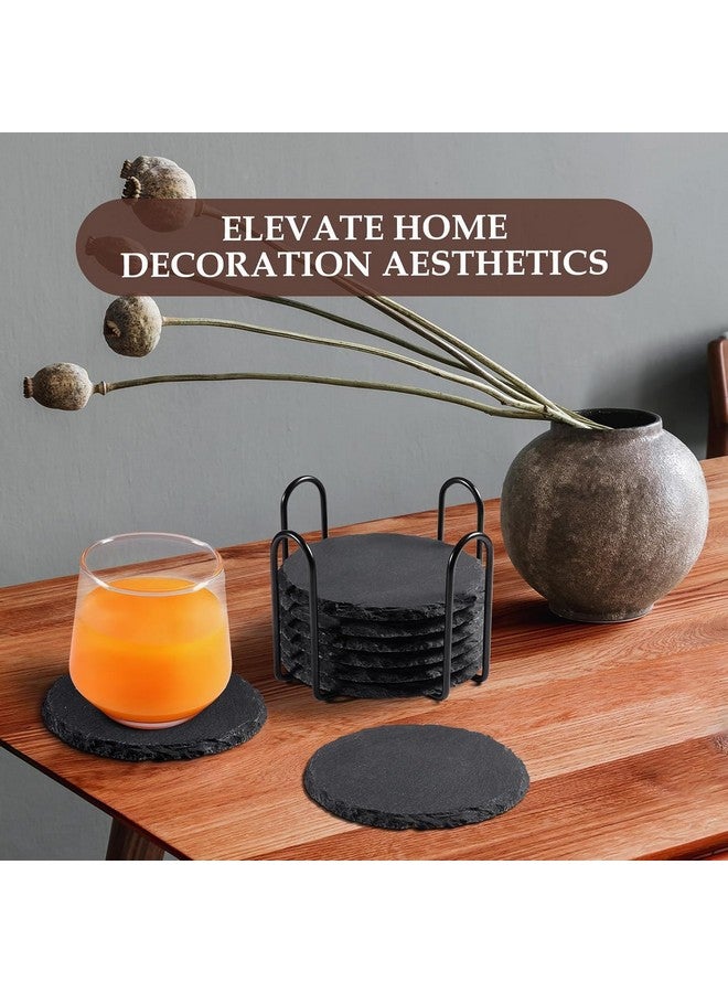 STORE 2508 Store2508 Drink Coasters with Holder, 8 Pieces Round Slate Stone Coasters 4 Inch Handmade Coasters for Bar and Home, Black - Image 5