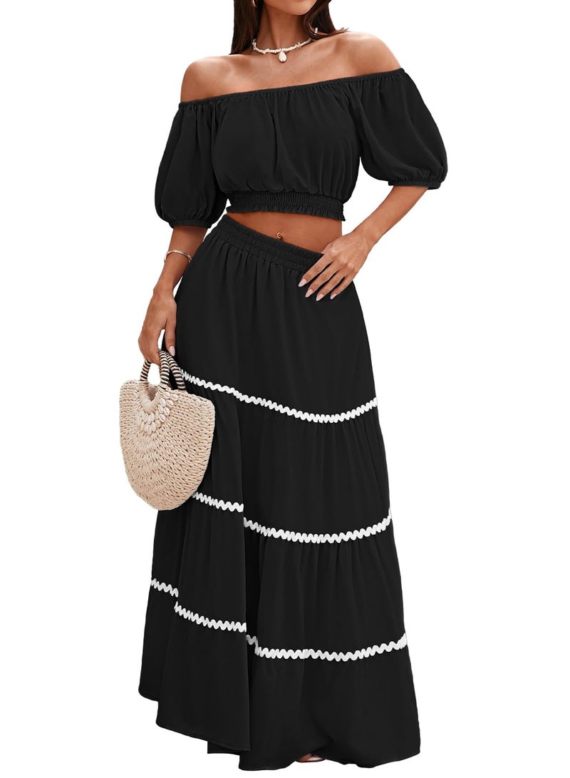 HUUSA 2026 Summer 2 Piece Boho Outfits for Women Short Sleeve Off Shoulder Crop Top and High Waist Flowy Long Skirt Set with Pockets Black S - Image 1