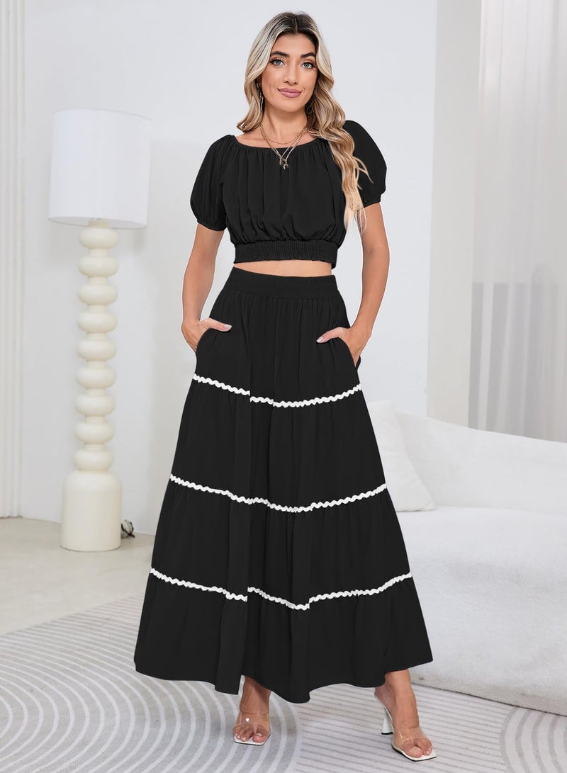 HUUSA 2026 Summer 2 Piece Boho Outfits for Women Short Sleeve Off Shoulder Crop Top and High Waist Flowy Long Skirt Set with Pockets Black S - Image 5