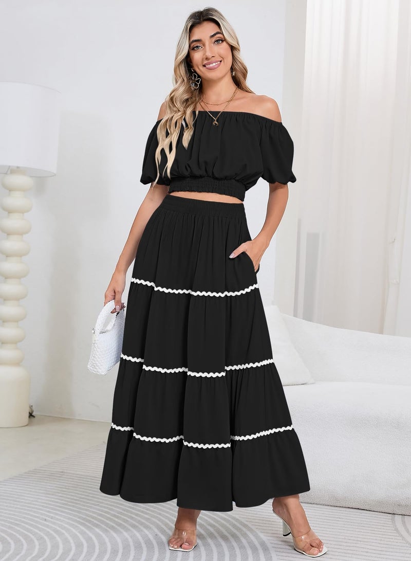 HUUSA 2026 Summer 2 Piece Boho Outfits for Women Short Sleeve Off Shoulder Crop Top and High Waist Flowy Long Skirt Set with Pockets Black S - Image 2