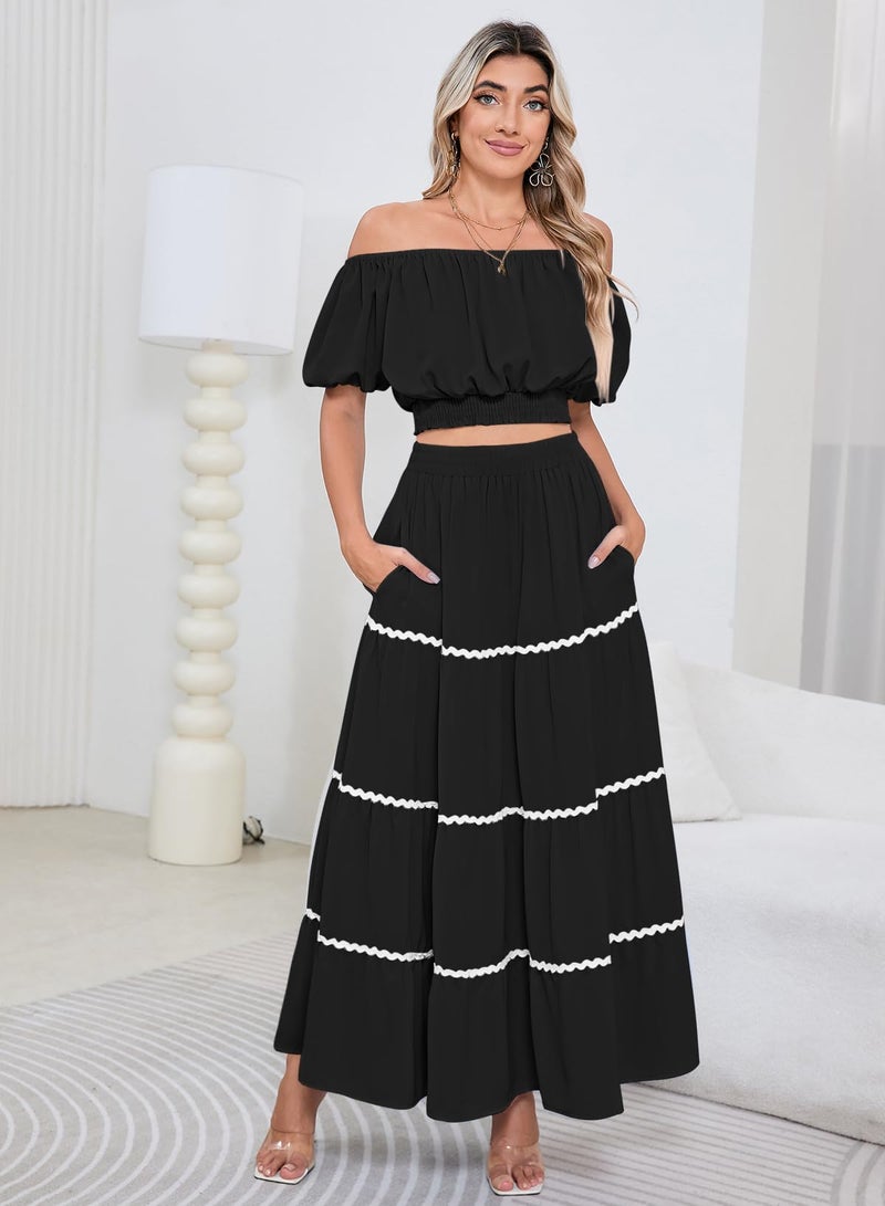HUUSA 2026 Summer 2 Piece Boho Outfits for Women Short Sleeve Off Shoulder Crop Top and High Waist Flowy Long Skirt Set with Pockets Black S - Image 4