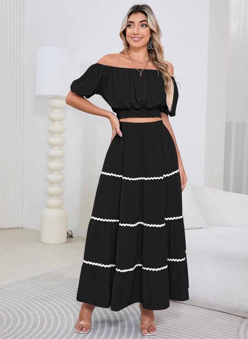 HUUSA 2026 Summer 2 Piece Boho Outfits for Women Short Sleeve Off Shoulder Crop Top and High Waist Flowy Long Skirt Set with Pockets Black S - Image 3