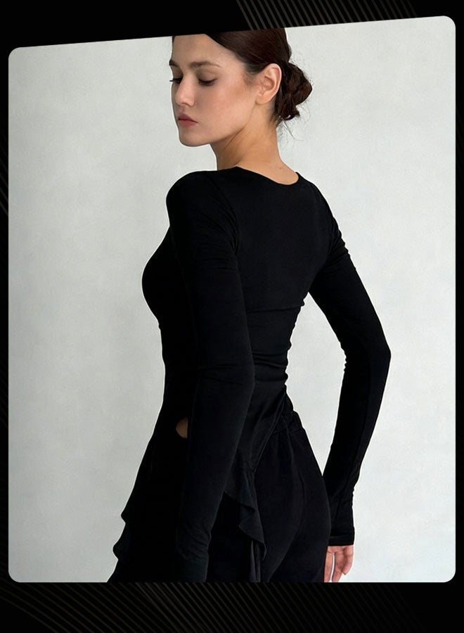 Joychic Women Solid Color Long Sleeve Round Neck Breathable Top - Image 3