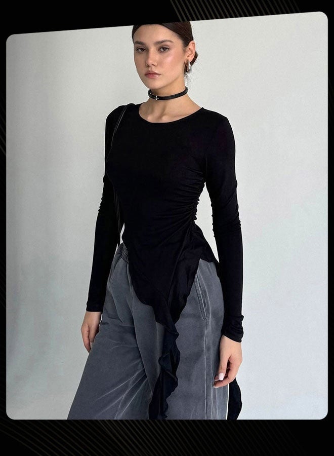 Joychic Women Solid Color Long Sleeve Round Neck Breathable Top - Image 2