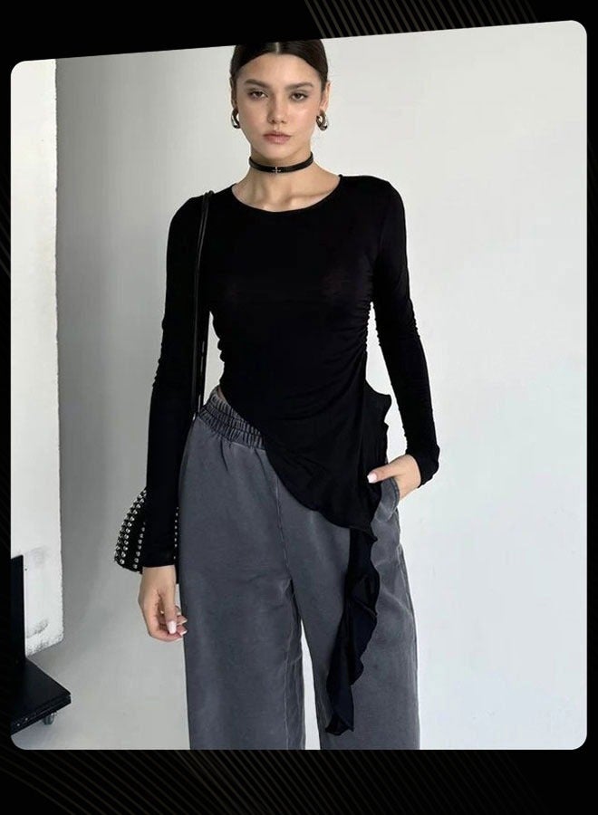 Joychic Women Solid Color Long Sleeve Round Neck Breathable Top - Image 1