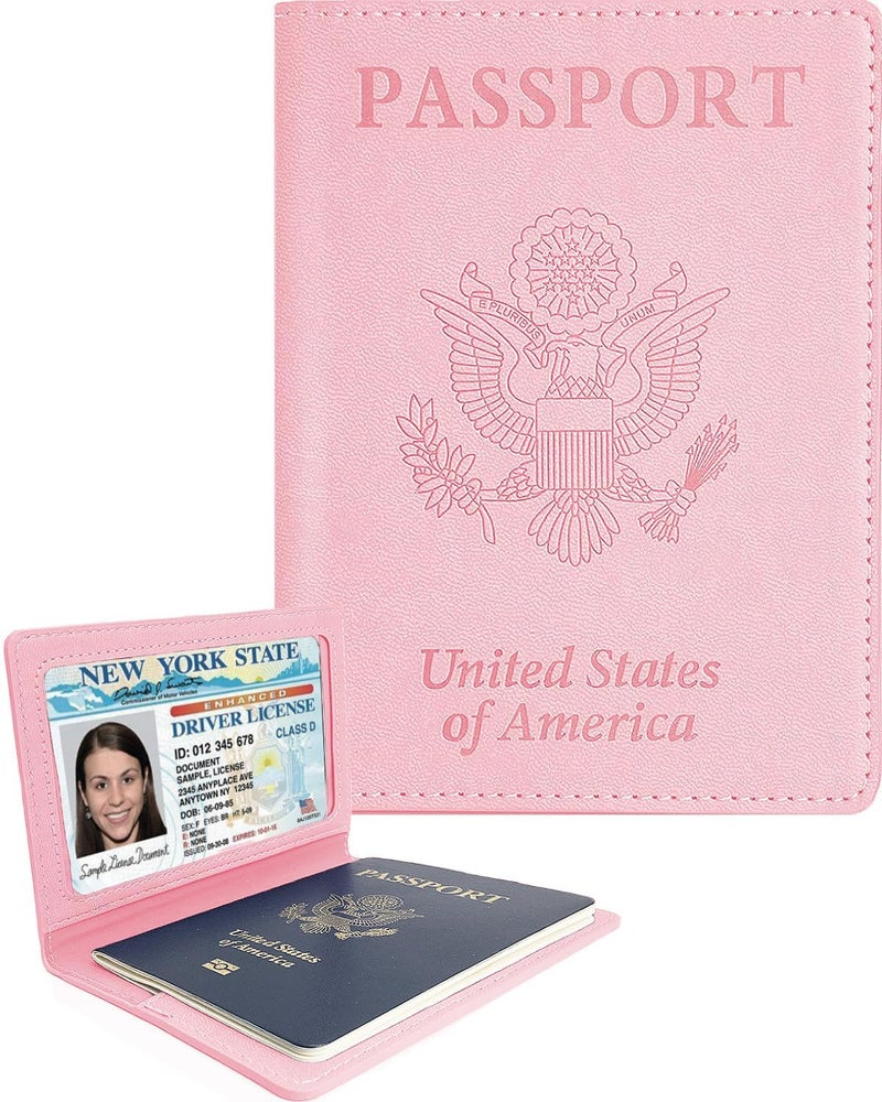 Sizobi Leather Passport Holder Covers Case, Passport Book Wallet Card Slot Luggage Tag, International Travel Must Haves Travel Accessories for Women Men, Cruise Ship Essentials, Travel Gifts, Pink - Image 1