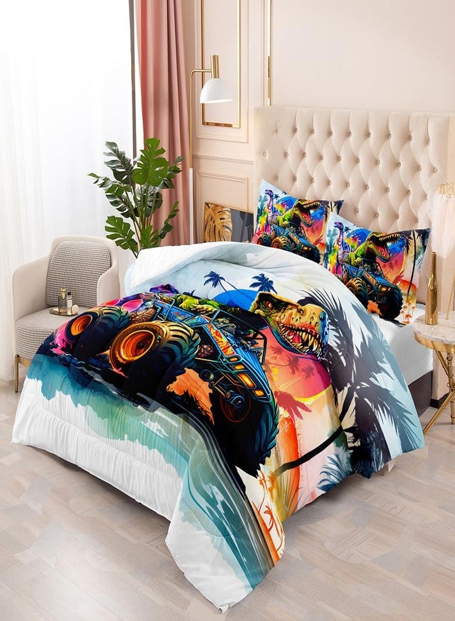 Suncloris Cartoon Monster Truck Comforter Set for Kids Teens, Queen Size Roaring Dinosaur Car Bedding Quilt with 2 Extreme Sport Trucks Themed Pillowcases- 90" x 90" (Watercolor, Queen) - Image 2