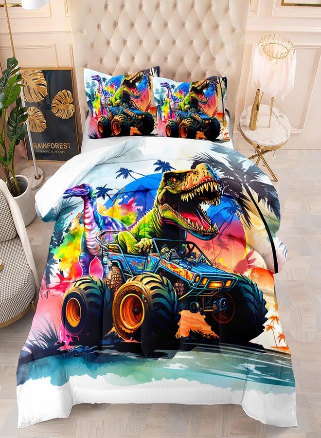 Suncloris Cartoon Monster Truck Comforter Set for Kids Teens, Queen Size Roaring Dinosaur Car Bedding Quilt with 2 Extreme Sport Trucks Themed Pillowcases- 90" x 90" (Watercolor, Queen) - Image 1