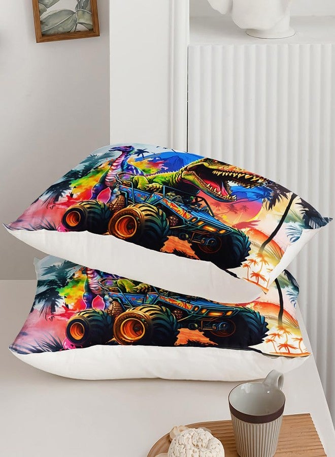 Suncloris Cartoon Monster Truck Comforter Set for Kids Teens, Queen Size Roaring Dinosaur Car Bedding Quilt with 2 Extreme Sport Trucks Themed Pillowcases- 90" x 90" (Watercolor, Queen) - Image 5
