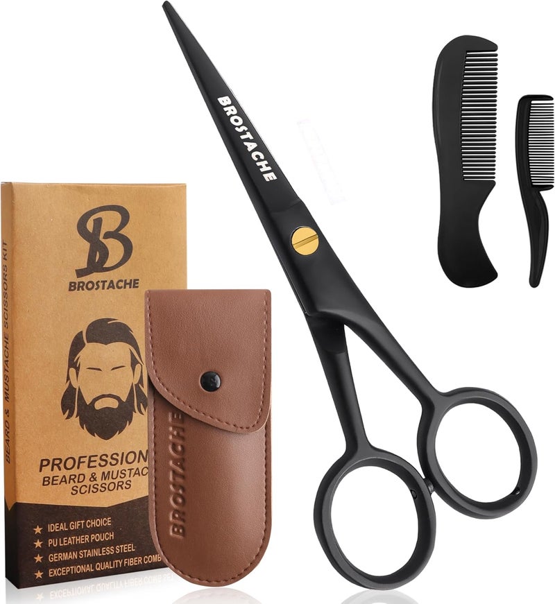 BROSTACHE 5" Beard & Mustache trimming Scissors for Men, 2 comb & Travel carrying Pouch, Hand forged with Bevel edge For precision, Mustache kit for men, Extremely Sharp Scissors - Image 1