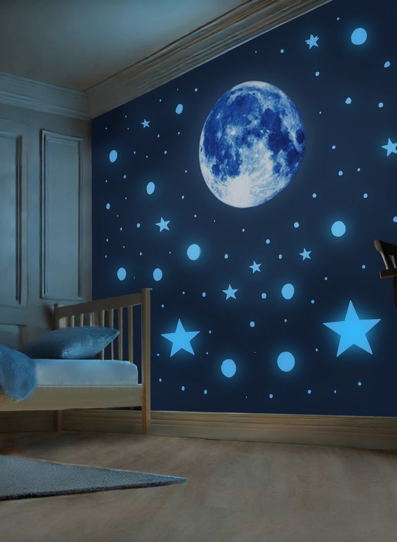 3D Space Wall Sticker Set,Blue Moon Planet Fluorescent Star Dot Children’s Bedroom Living Room Decorative Luminous Wall Sticker - Image 1