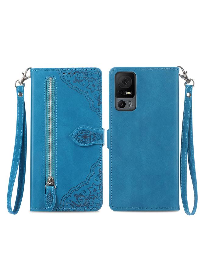 Green Tiger For TCL 40 XL Embossed Flower Zipper Leather Phone Case(Blue)