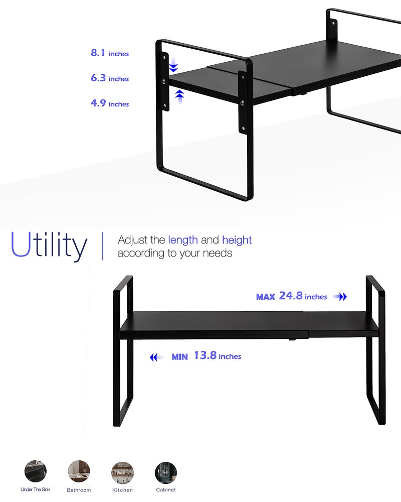 Nxconsu Cabinet Shelf Expandable Height Adjustable Organizer Riser for Kitchen Cabinet Pantry Cupboard Under Sink Countertop Organization Storage Space Saver Stackable Heavy Duty Metal Black - Image 3