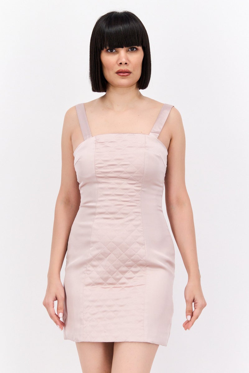 Missguided Women Quilted Satin Mini Dress, Taupe - Image 1