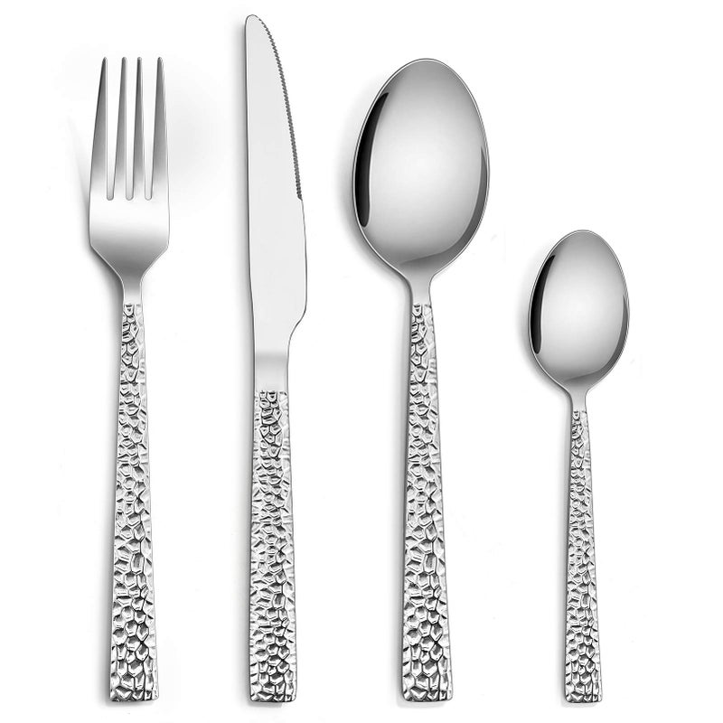 Cutlery Sets 16 Piece Homikit Stainless Steel Hammered Cutlery Flatware Set Silver Fork Knife Spoon Tableware Set Service for 4 Healthy  NonToxic Mirror Finished  Dishwasher Safe