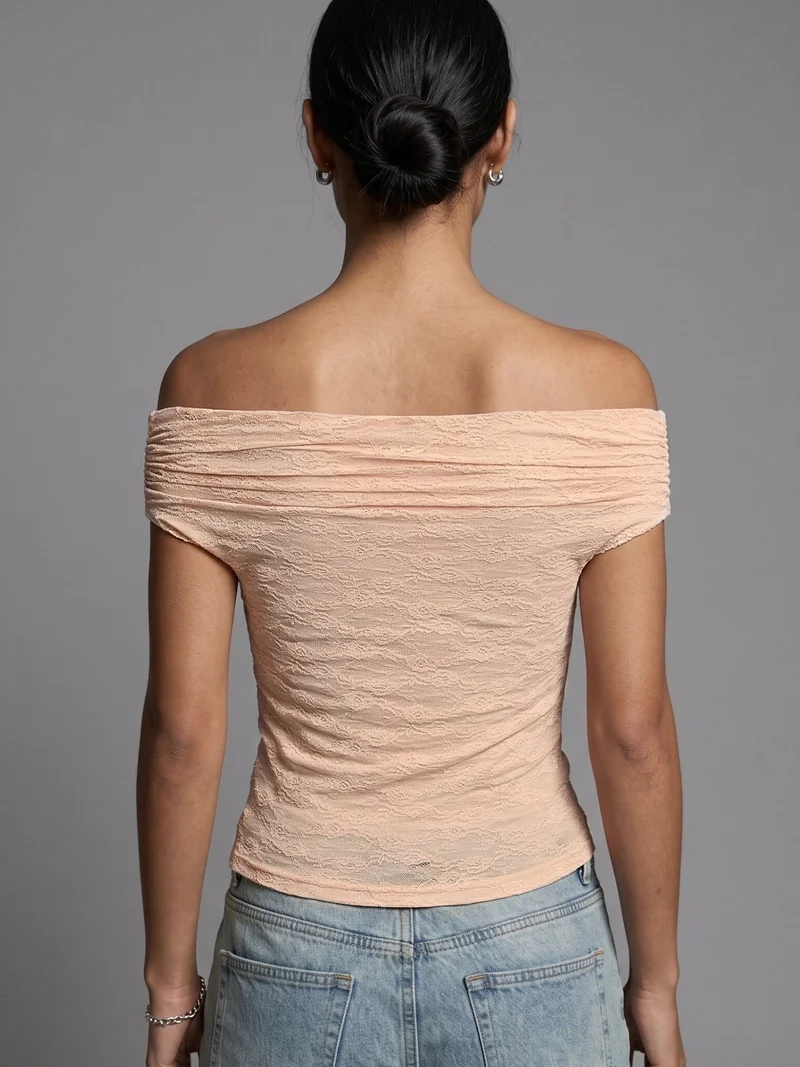 Outzidr  Peach Off Shoulder Lace Top for Women | Best Price UAE