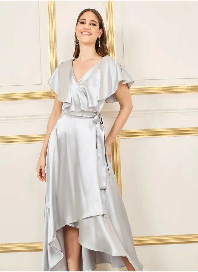 Styli Cape Sleeves Asymmetric Hem Wrap Midi Dress