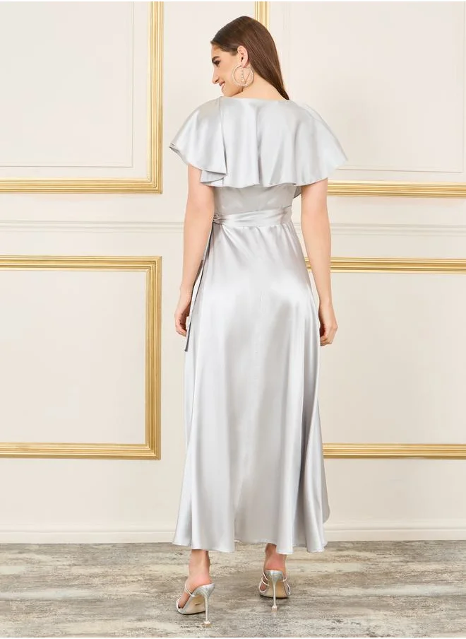 ستايلي Cape Sleeves Asymmetric Hem Wrap Midi Dress