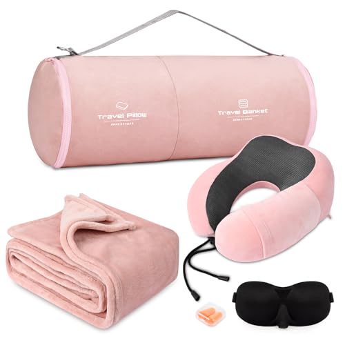 urnexttour Travel Pillow and Blanket Set Neck Pillows Travel Essentials with Sleep Mask for Airplane Car Memory Foam Pink - Image 1