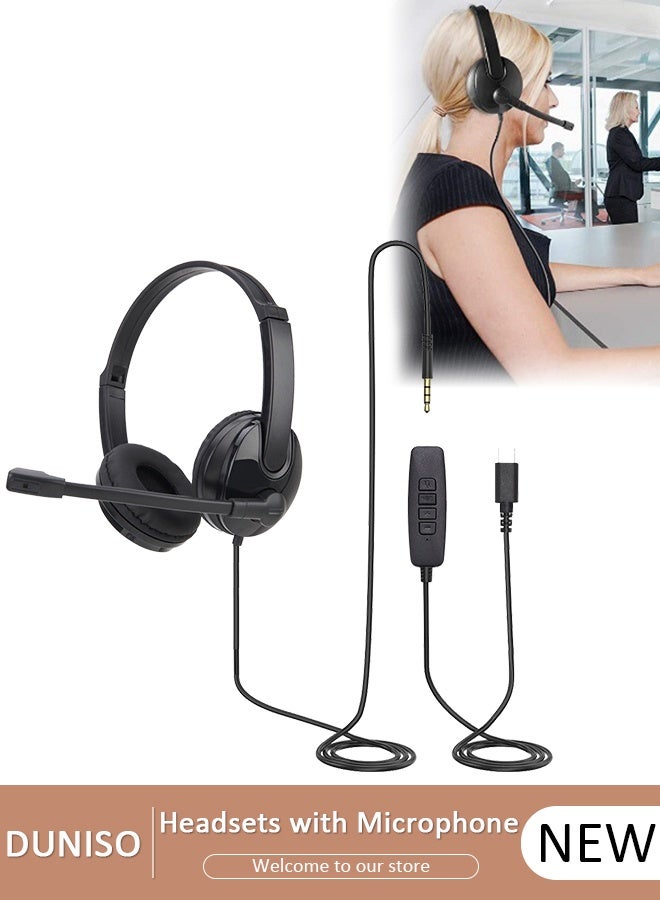 DUNISO Type C  Headset with Mic, Wired Over Ear Headphone for Call Center, Noise Cancelling Microphone , Ear Mask Filler with High Quality Sponge , Volume Control,Comfortable Wearing Design for PC,Online Class,Office - Image 1