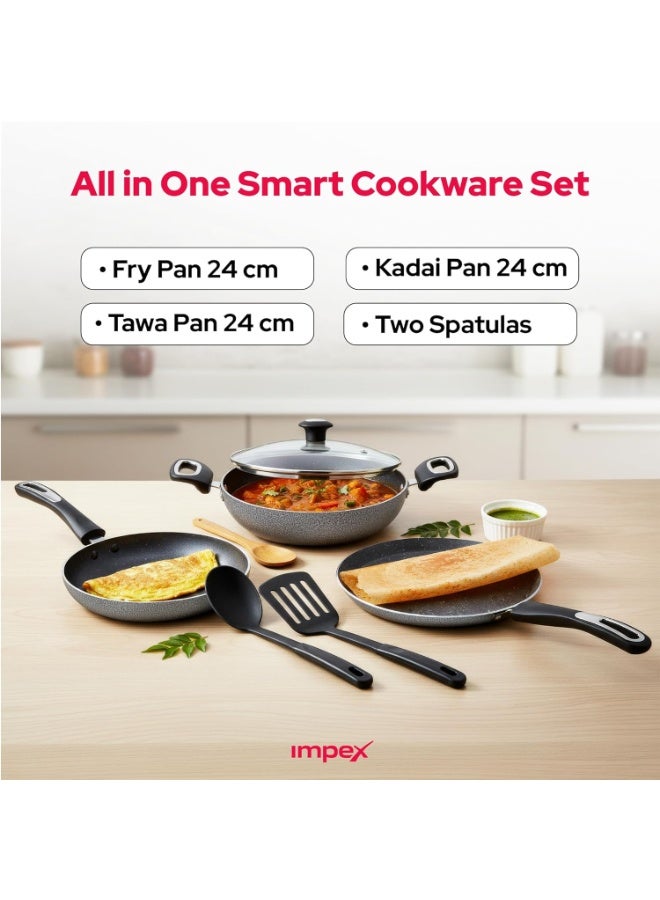 Impex Aluminium Migo Nonstick Granite 5 Pcs Induction Bottom Cookware Set 3 Mm Thick,Festival Gift Set Mfkt 6,5-Layer Super Granite Coated Cookware Set,Hammer Tone Exterior Finish,1 Yr Warranty, Grey - Image 2