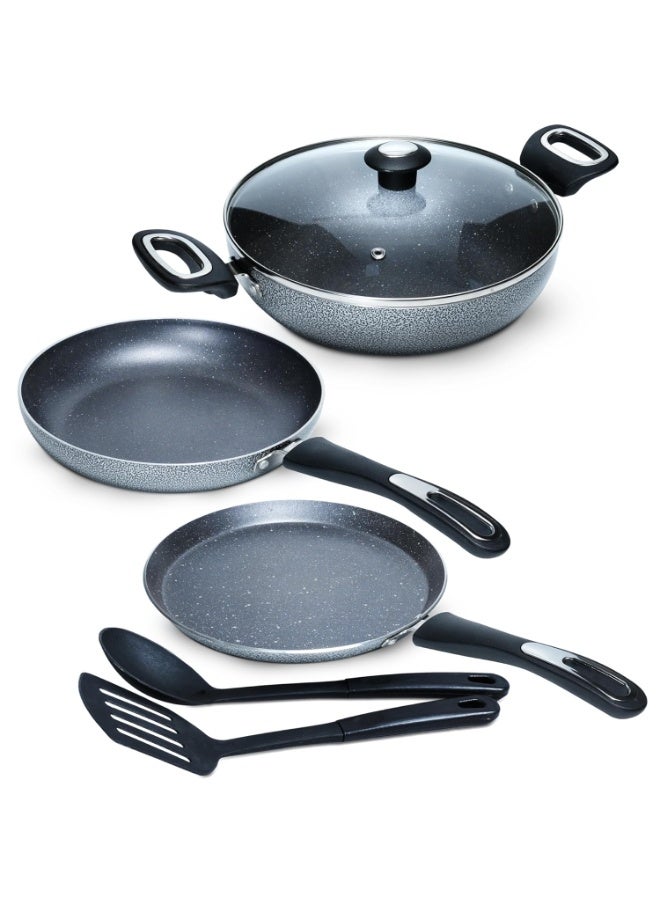 Impex Aluminium Migo Nonstick Granite 5 Pcs Induction Bottom Cookware Set 3 Mm Thick,Festival Gift Set Mfkt 6,5-Layer Super Granite Coated Cookware Set,Hammer Tone Exterior Finish,1 Yr Warranty, Grey - Image 1