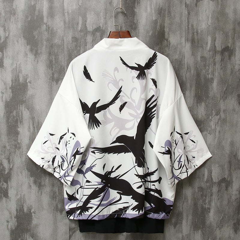 Summer Mens Loose 3/4 Sleeve Shirt Sun-Protective Thin Couple Robe Swallow Black  - Image 4