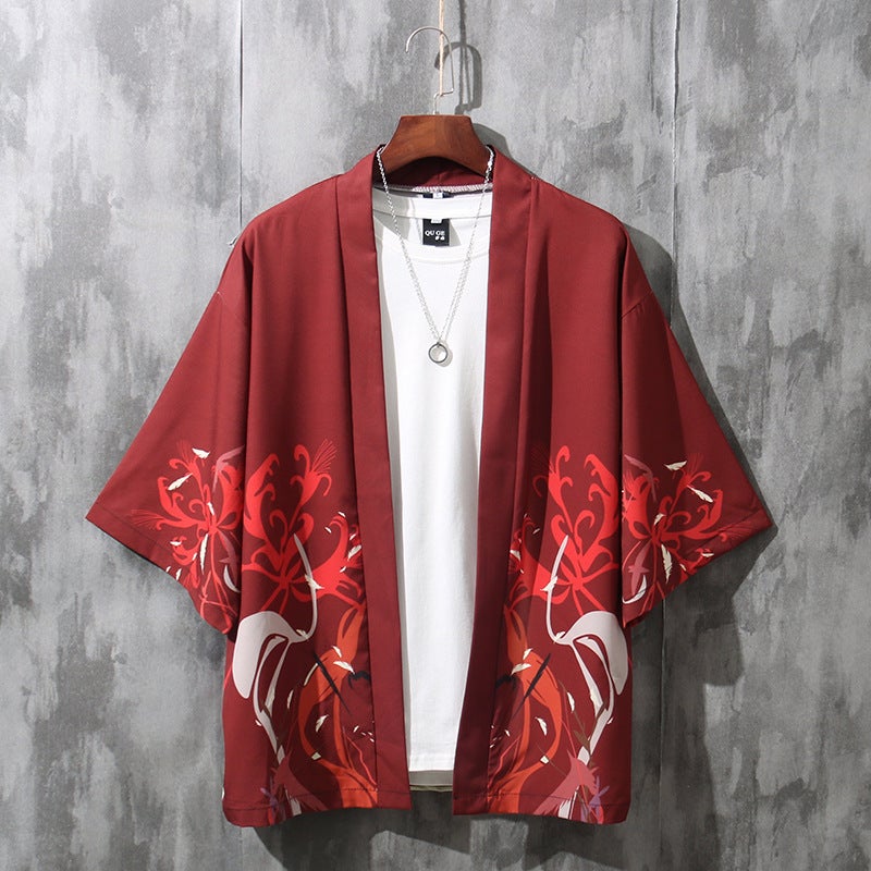 Summer Mens Loose 3/4 Sleeve Shirt Sun-Protective Thin Couple Robe Swallow Black  - Image 3