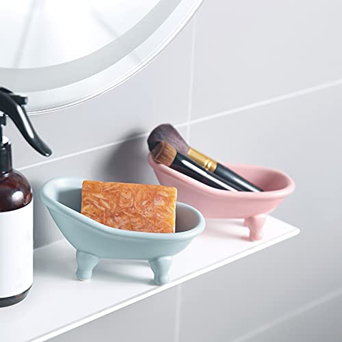 dodococa 1 Piece 5.6" Colorful Ceramic Mini Clawfoot Bathtub Soap Dish Decortative Soap Dish Small Planter Makeup Organizer Container Hamster Bathtub(Blue) - Image 2