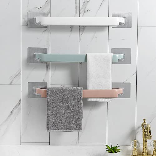 MEZON Self Adhesive Towel Holder No Drill Plastic Wall Mounted Rack Shelf | Multipurpose Cloth Hanger for Bathroom Kitchen | Strong Sticky Organizer Hook Stand (Pack of 3, Random Color) - Image 3