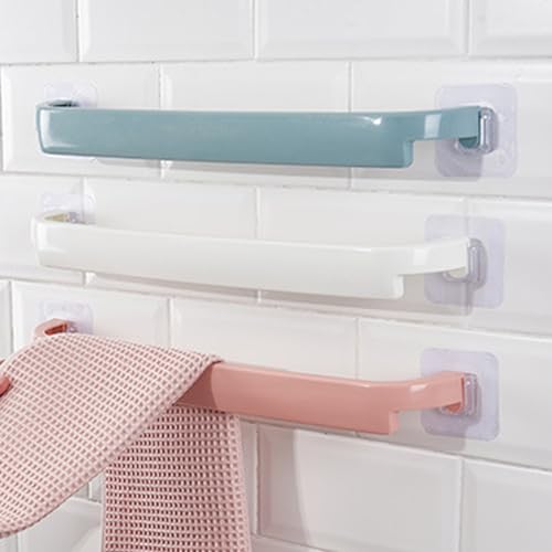 MEZON Self Adhesive Towel Holder No Drill Plastic Wall Mounted Rack Shelf | Multipurpose Cloth Hanger for Bathroom Kitchen | Strong Sticky Organizer Hook Stand (Pack of 3, Random Color) - Image 1
