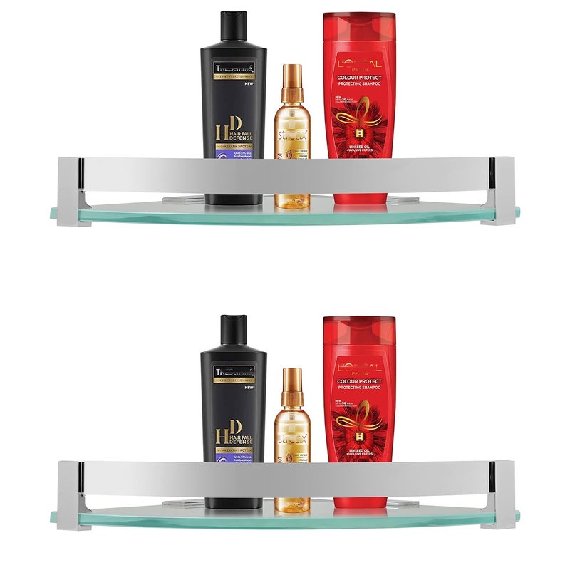 MOTIQO Royal Frosted Glass Corner Shelf for BathroomKitchenWall MountShelvesStorageMultipurpose 9X9 INCH Brass Railling FrostedPack02 - Image 1