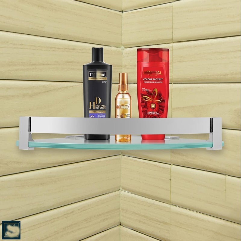 MOTIQO Royal Frosted Glass Corner Shelf for BathroomKitchenWall MountShelvesStorageMultipurpose 9X9 INCH Brass Railling FrostedPack02 - Image 2