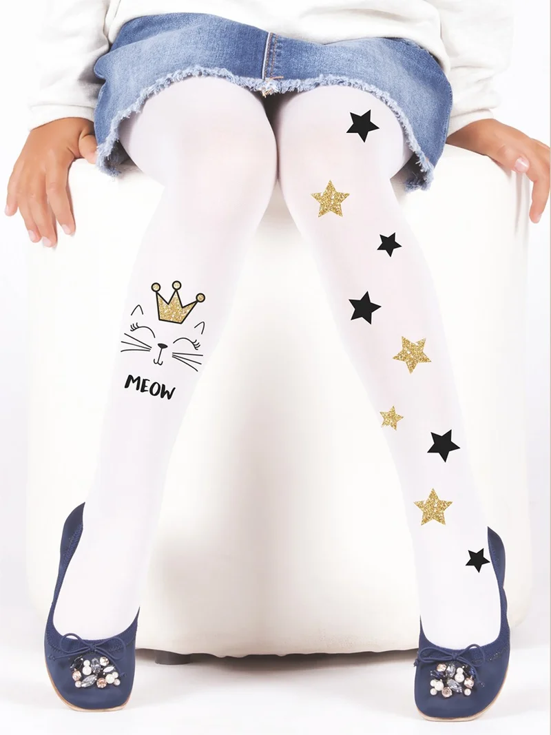 Denokids Meow Girls White Tights Mousse Socks