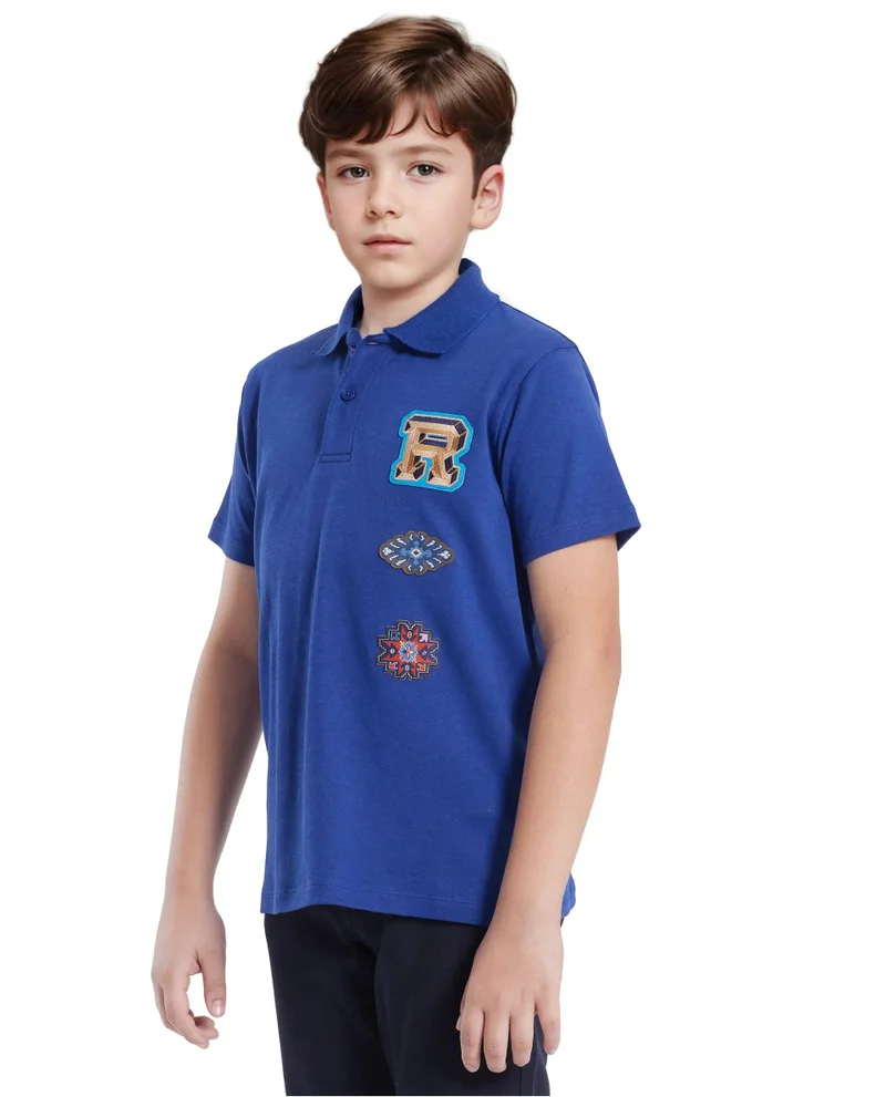 Rare Ones Rare Ones Kids Zyra Blue Cotton Half Sleeve Button Closure Printed Regular Fit Polo