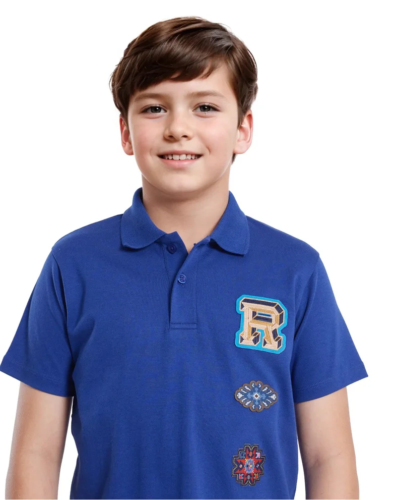 Rare Ones Rare Ones Kids Zyra Blue Cotton Half Sleeve Button Closure Printed Regular Fit Polo