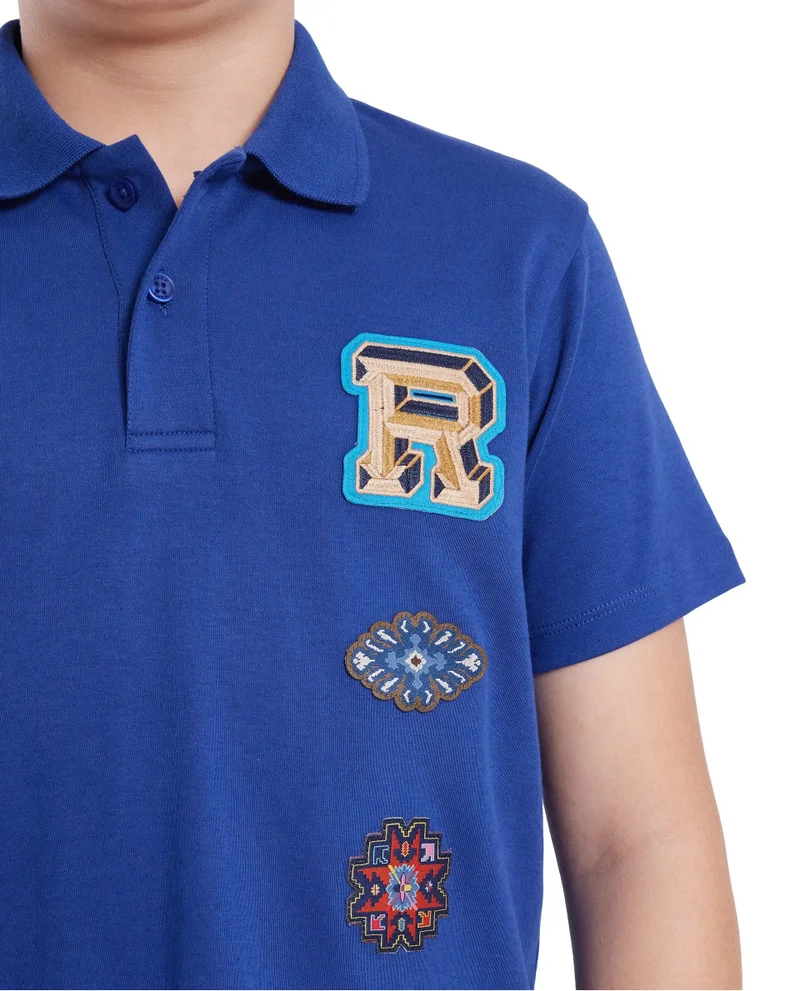 Rare Ones Rare Ones Kids Zyra Blue Cotton Half Sleeve Button Closure Printed Regular Fit Polo