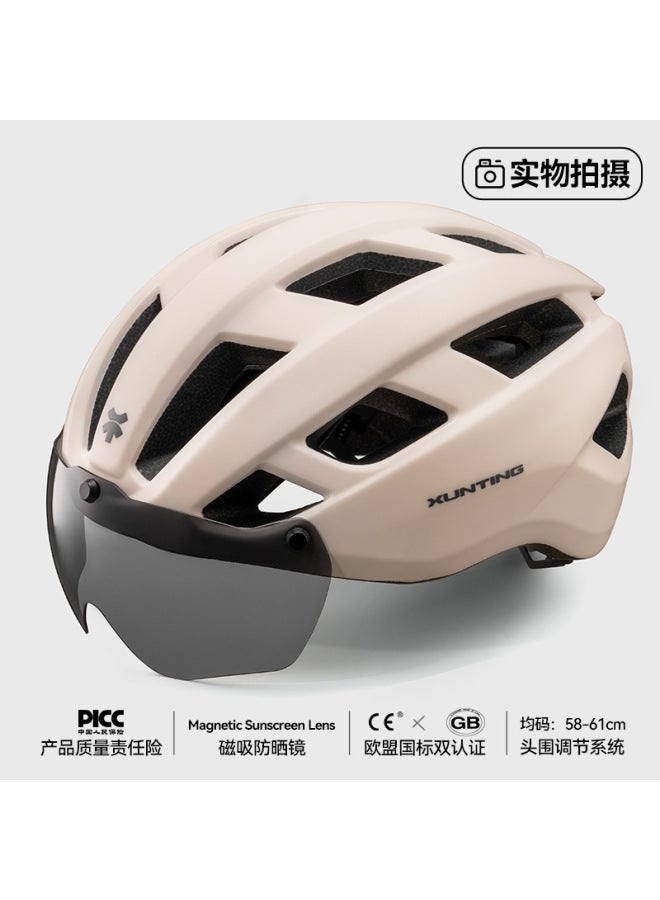 Mocha Apricot Cycling Helmet with Integrated Magnetic Sunscreen Glasses, EU Standard Certified Breathable Safety Helmet for Men Women Road Mountain Bike